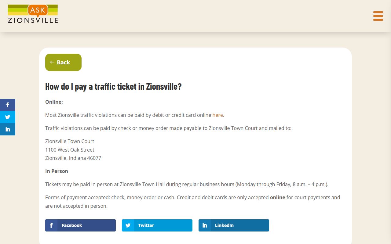 Zionsville Traffic Court Records - Zionsville Town Court ticket information page