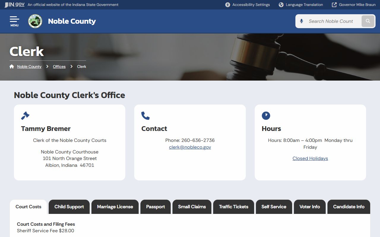 Noble County Clerk's Office page for traffic court records, payment types, and procedures