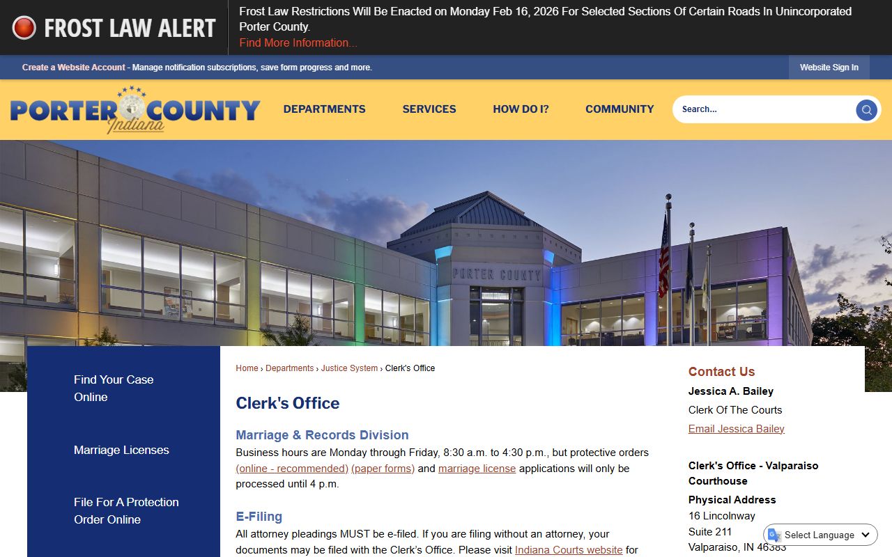 Porter County Traffic Court Records - Clerk's Office Page