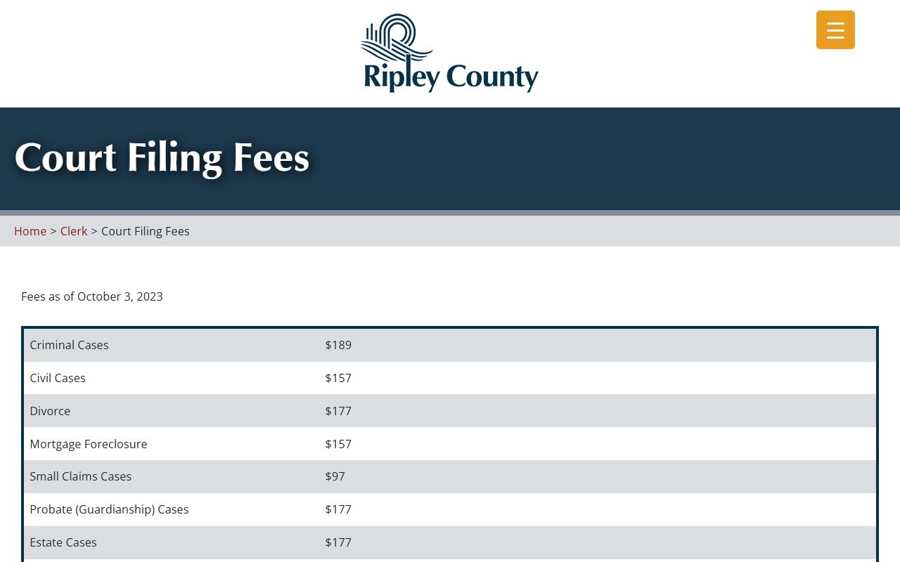 Ripley County Traffic Court Records - Court Filing Fees Page